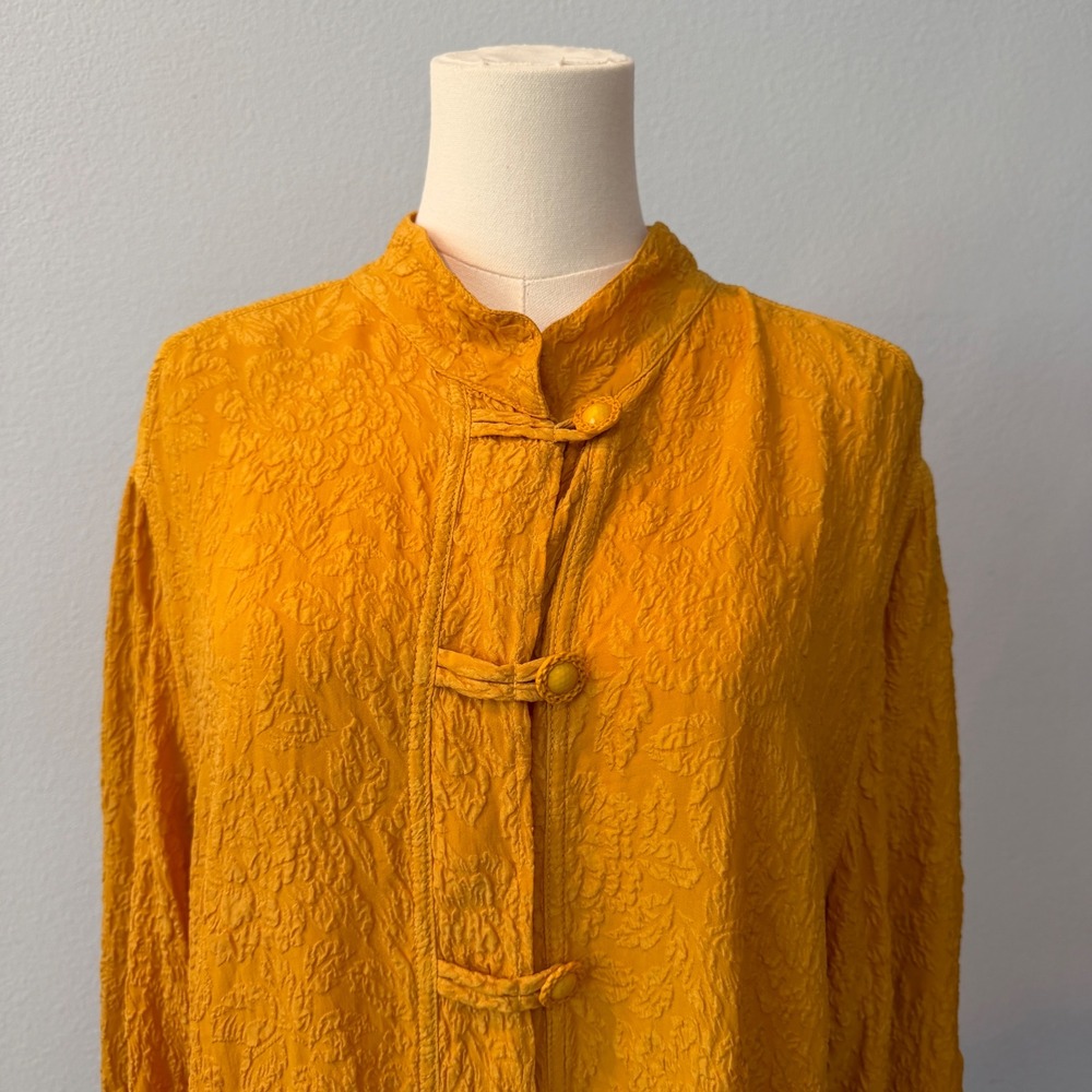 URU 100% Silk Yellow Crinkle Tunic Mandarin Collar Frog Toggle Lagenlook Large - Picture 3 of 14
